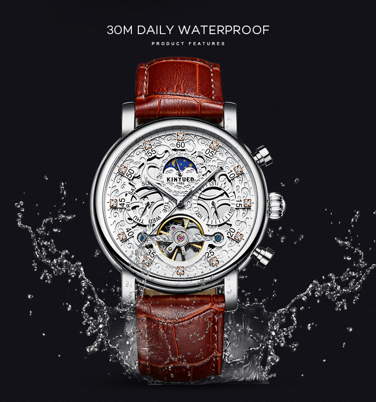 Brand KINYUED watch diamond decoration dial skeleton mens leather automatic mechanical watch