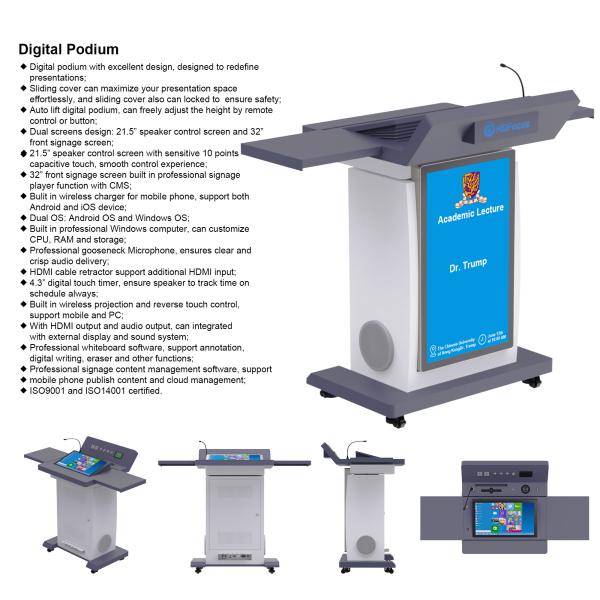 Portable Auto Lift Smart Digital Interactive Podium Digital Lectern Smart Podium Dual Screens Design for Teaching Speech