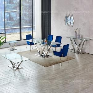 China Tempered Glass Metal Leg Dining Table Set Home Furniture with 8 Seater wholesale