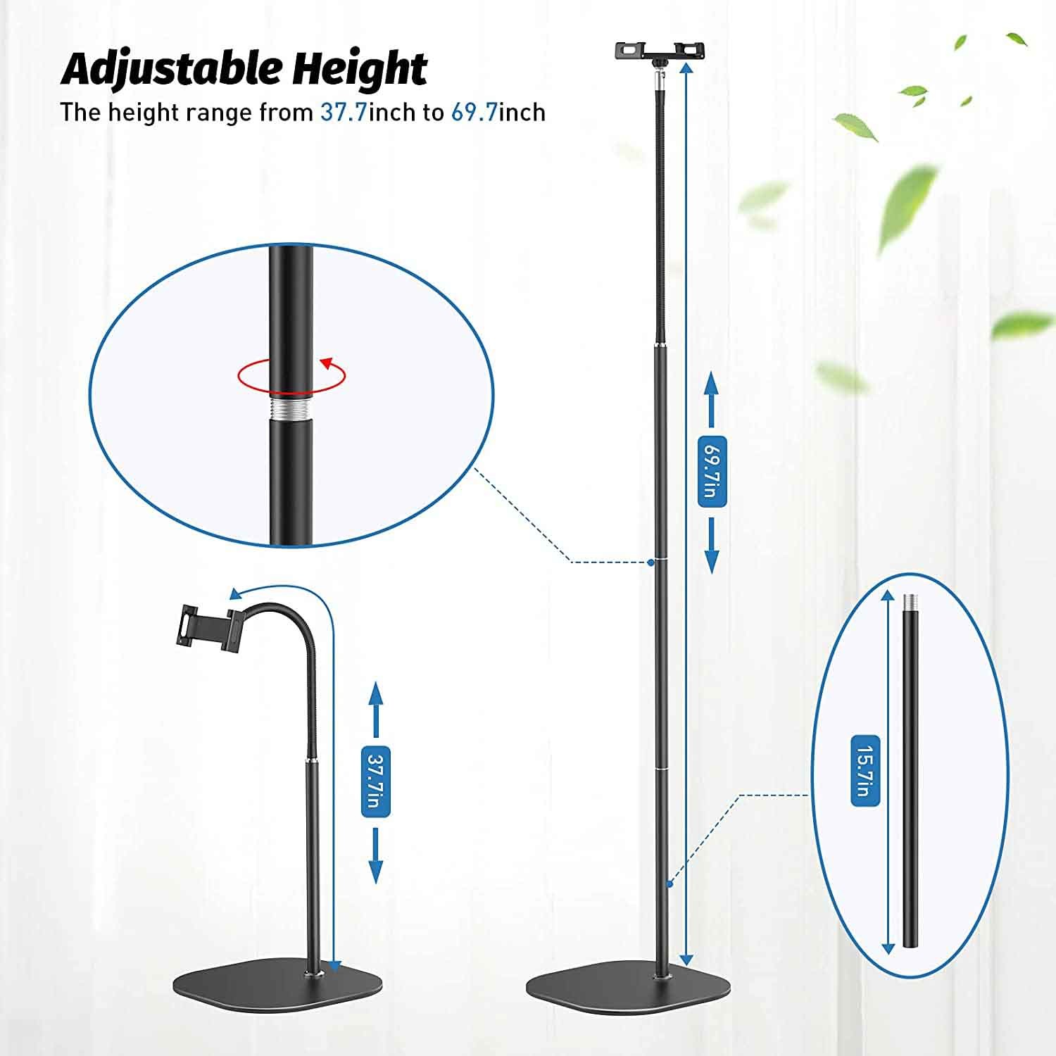 177cm Tablet Floor Gooseneck Mobile Phone Holder With Three Section Adjustable Tube
