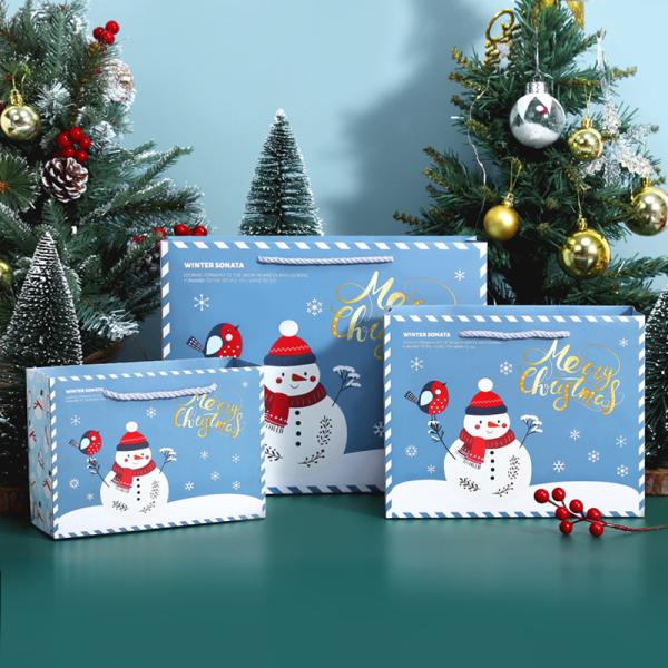 Merry Christmas Cartoon Gift Bag Collection Snowman Reindeer Themed Packaging Gold Foil Stamping Christmas Tree Decoration Included