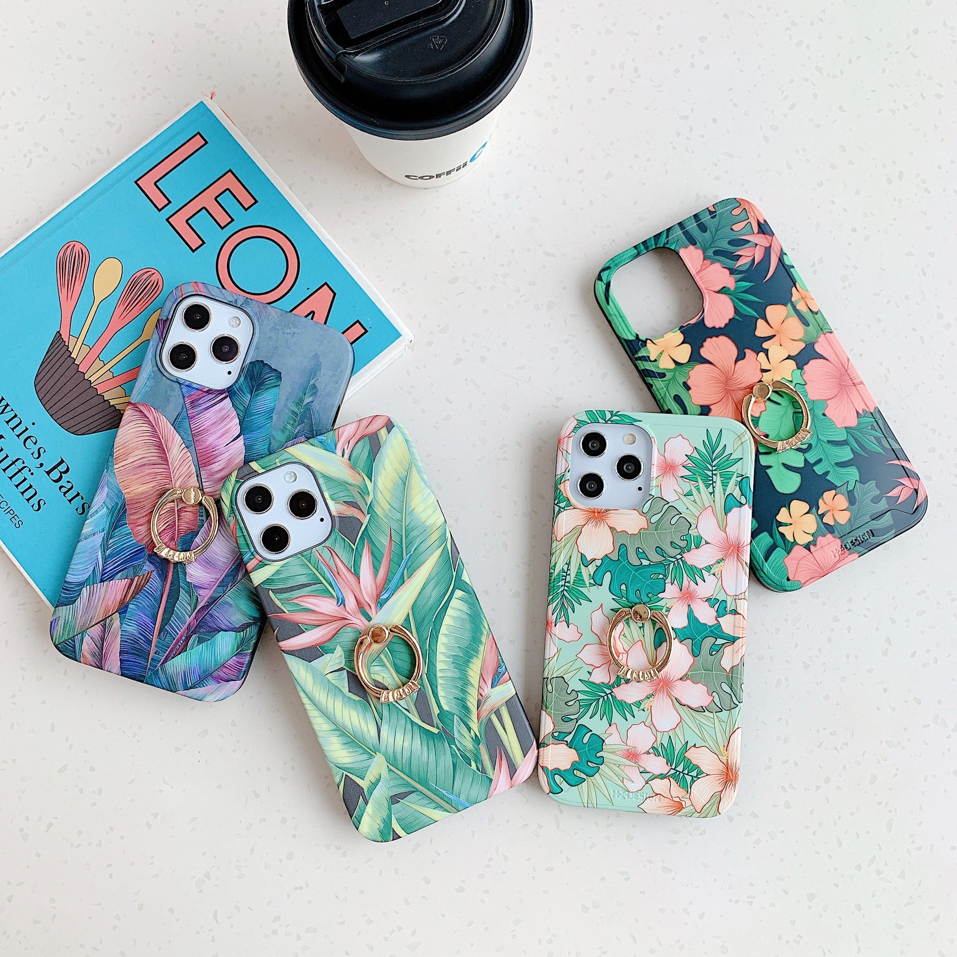Anti Drop Finger Grip Phone Case IMD TPU Floral Pattern Ring Holder for Iphone 12