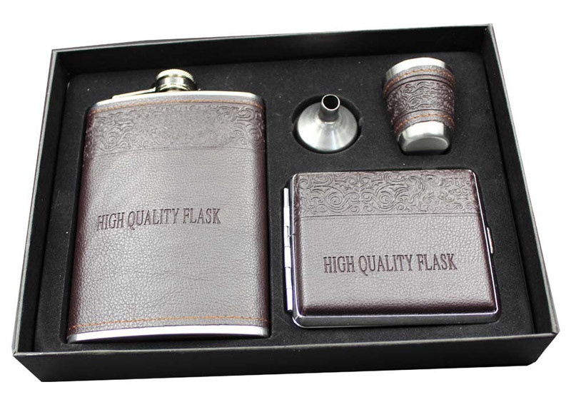 Leather 9 Oz Mens Hip Flask Set With White Wine Bottle / Cup / Funnel