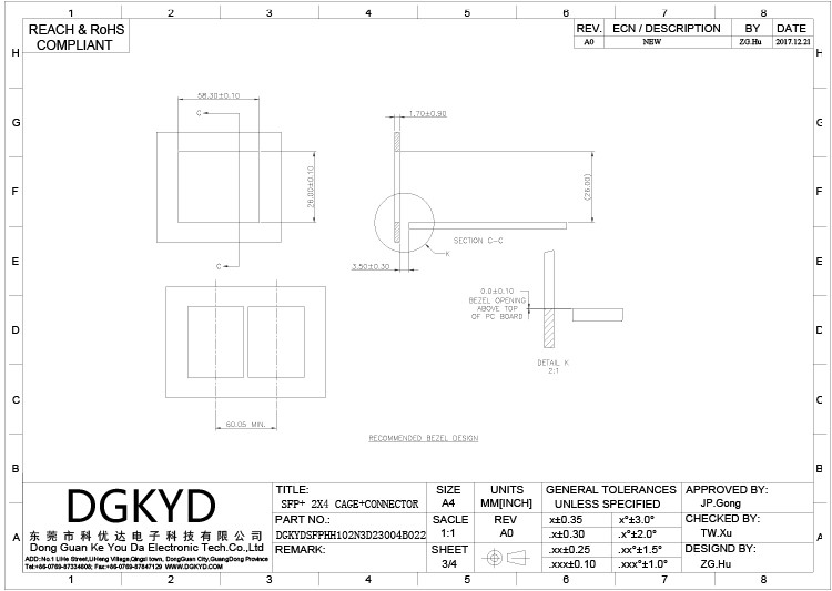 Thickness 0.25mm 30U SFP Connector RJ45 High Temperature Resistant