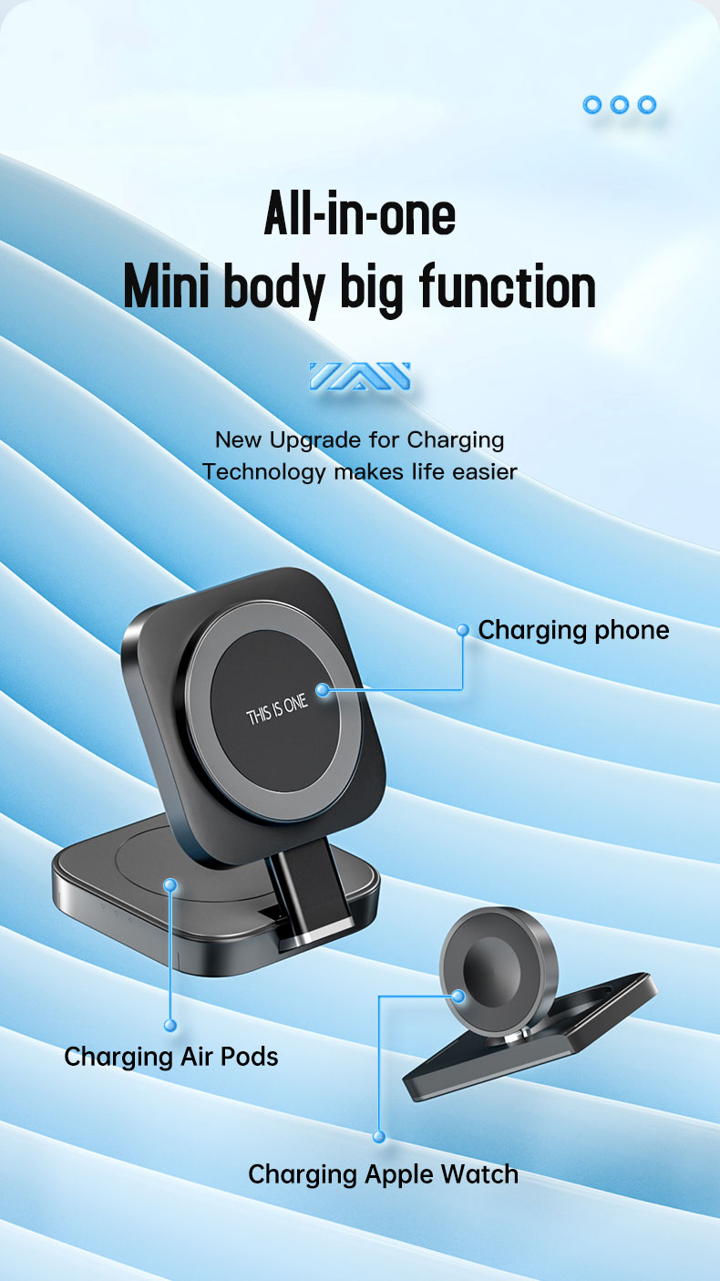 3 In 1 Fast Wireless Charger with Over-Charging Protection and Magnetic Foldable Design