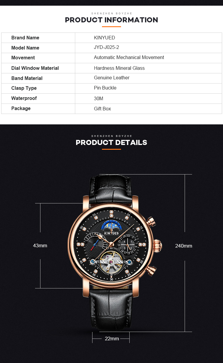 KINYUED hot sales Fashion Tourbillon Automatic Movement Mens Automatic Mechanical Watch Genuine Leather Wristwatch