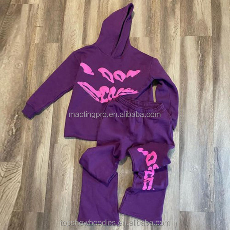 Men'S 3D Puff Print Flared Sweatpants And Cropped Hoodie Set For Tracksuit