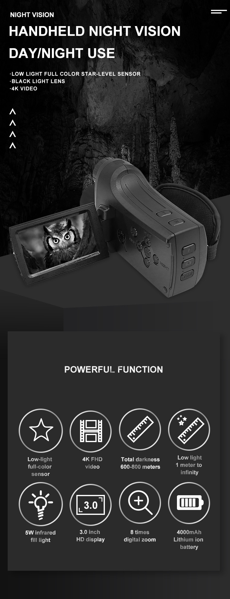 Infrared Digital Night Vision Camera handheld camera 4K HD Video 8X digital Zoom Long distance