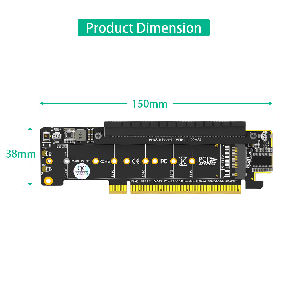 Dual NVMe PCIe Adapter PCIe 4.0 X16 to Dual NVMe and 1x More PCIe x16 Adapter for M.2 NVMe SSD