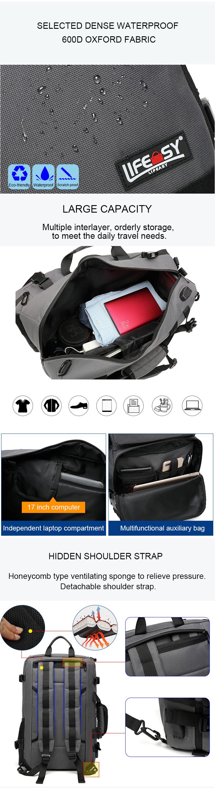 Multifunctional 600D Oxford Cloth Modern Laptop Backpack 20 Litre