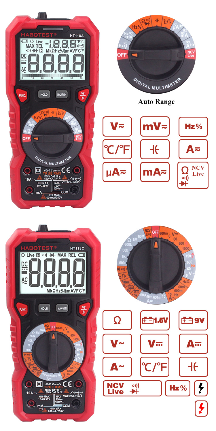 HABOTEST 1000V AC DC Analog Auto Range CE Automotive Professional Digital Multimeter 100mF Best Autorange Multimeter Dig
