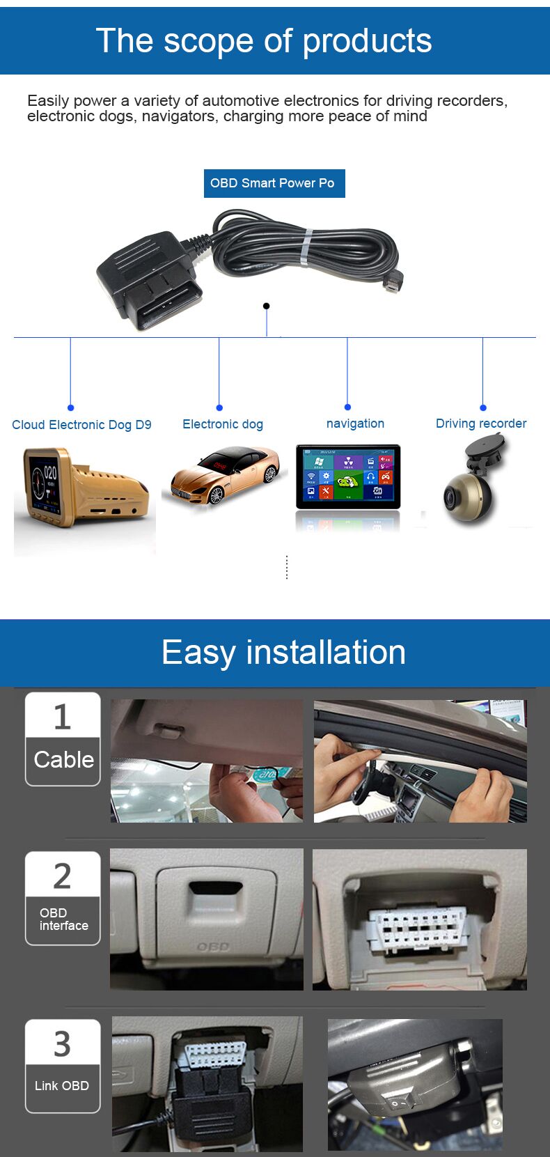 Micro USB to OBD II 16pin 24W Charging Cable for Car GPS DVR