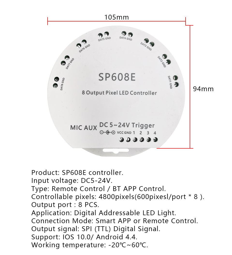 SP608E Bluetooth LED Strip Smart Controller Full Color 8CH Independent Signal