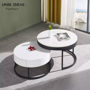 China Vintage White Luxury Marble Top Coffee Table With Drawer Storage Black Steel Base wholesale
