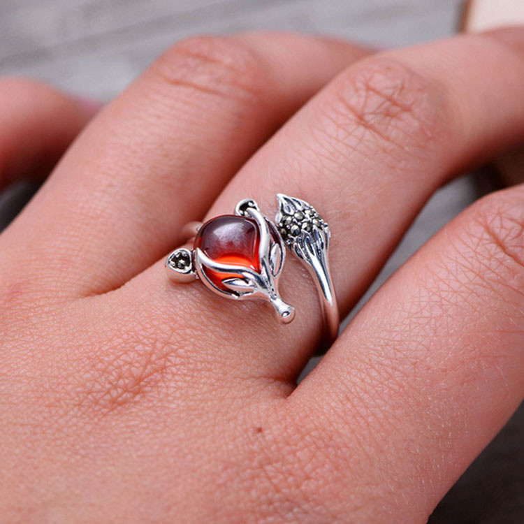 Adjustable Size Animal Style Garnet Retro Thai 925 Silver Ring(056625)