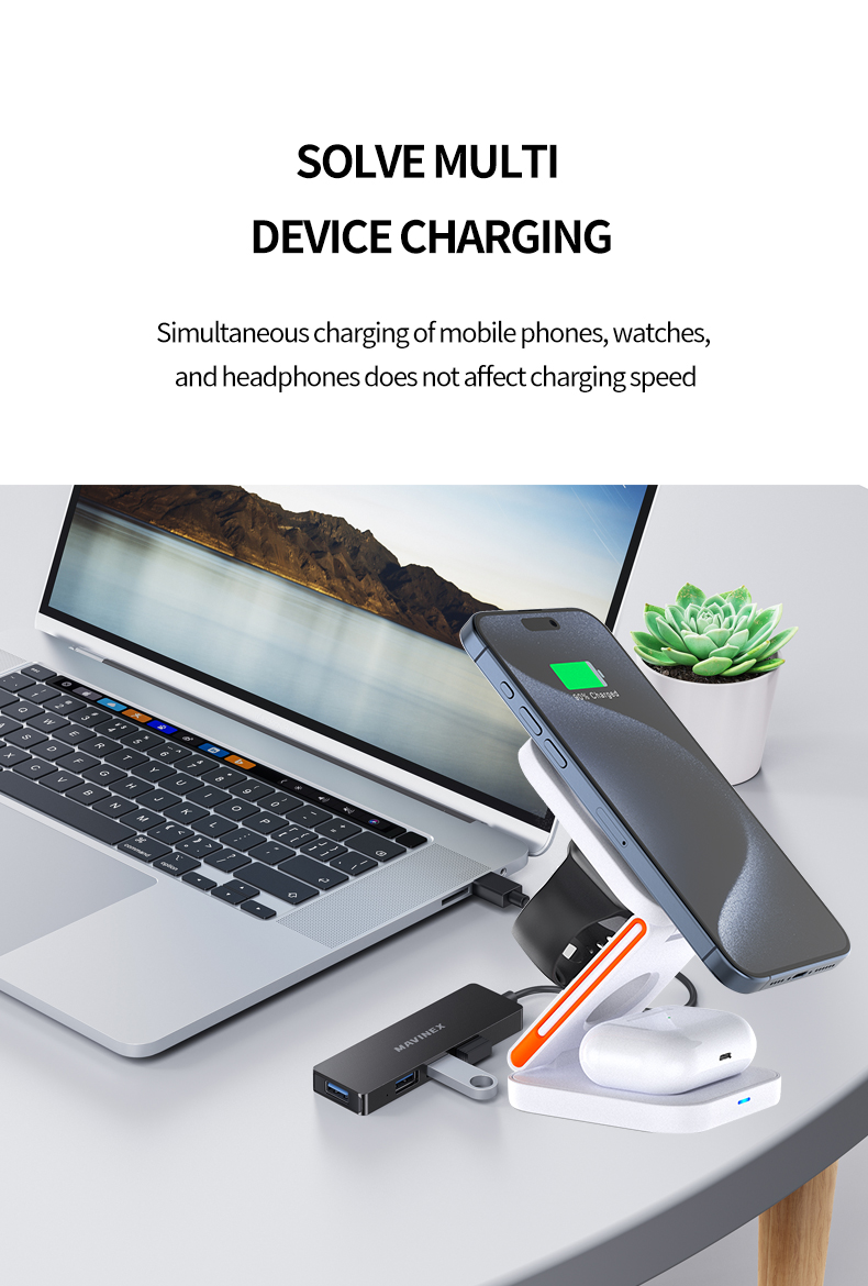 Mobile Phone Stand 3-in-1 Foldable Magnetic Wireless Charger with Over-Charging Protection and USB-Type C Input Port