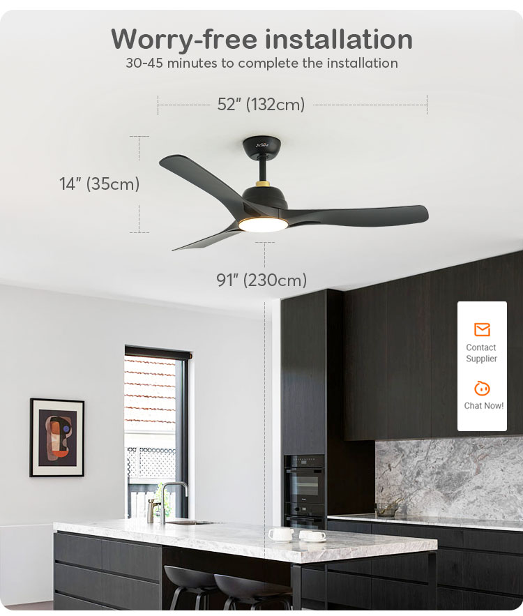 110-240v/50-60Hz ABS Black Blades Ceiling Fan with Remote Control and Dimmable Lighting