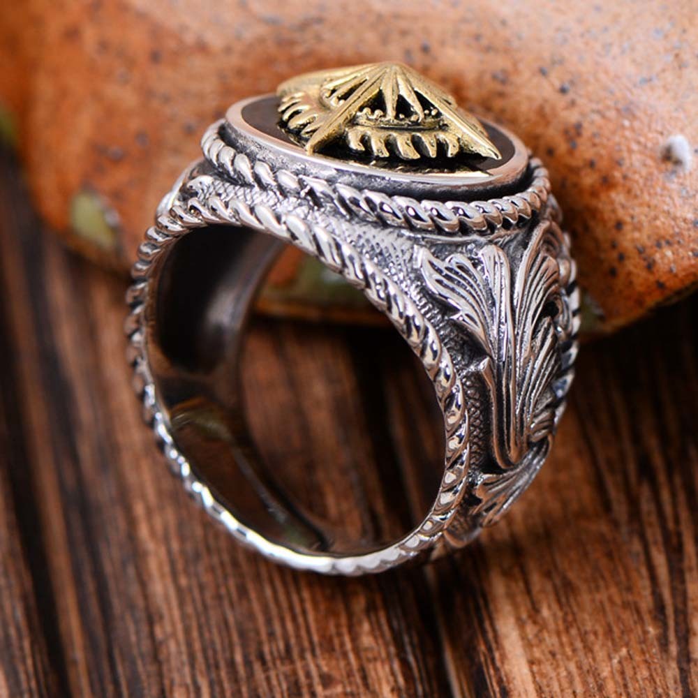 Thai Sterling Silver Brass 2 Tone Sunlight Engraved Retro Men Ring (059186)