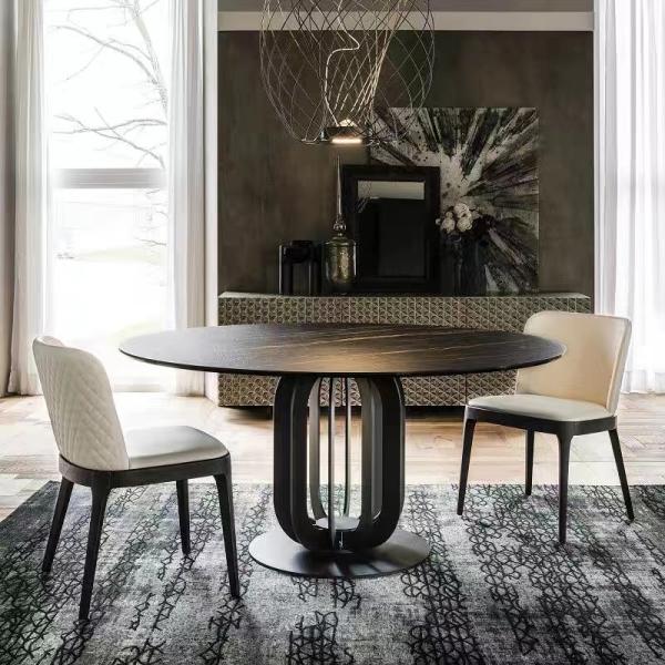 Italian Modern Home Furniture Dining Room Black Stainless Steel Leg Ceramic Rock Plate Marble Round Rotating Table