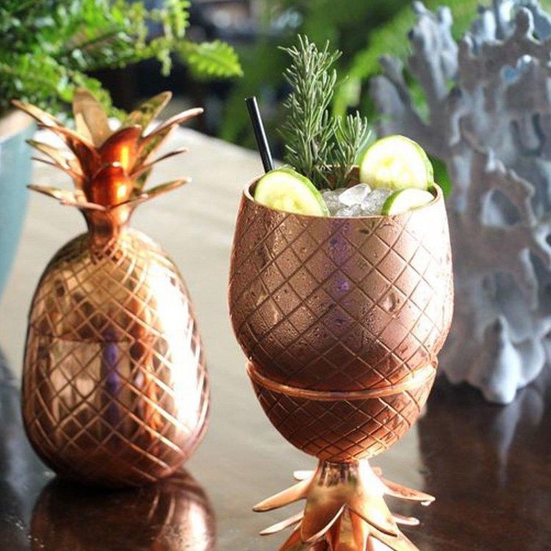 Customized Rose Gold Plated Cocktail Pineapple Cup Stainless Steel Pineapple Shape Drink Glass Set