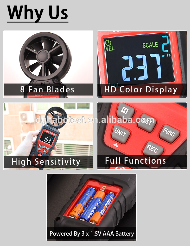 3x1.5V AAA Batteries Portable Anemometer Digital