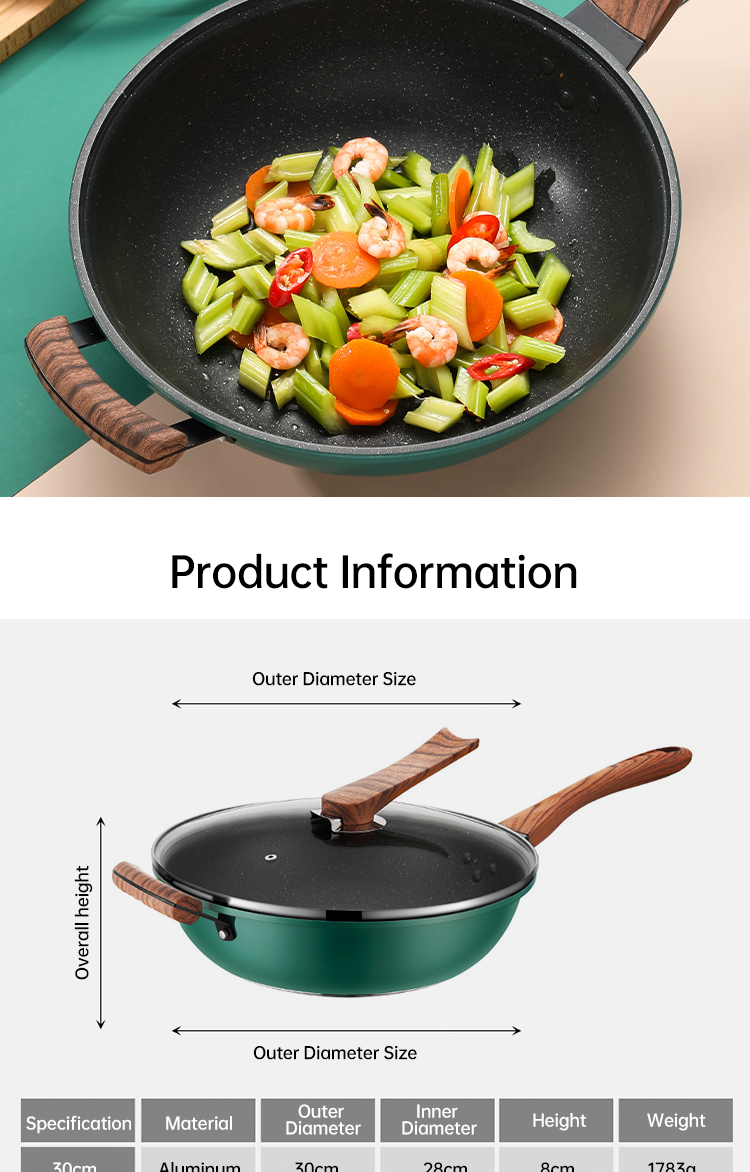 Non Stick Kitchen Wok Pan With Comfortable Wooden Handle