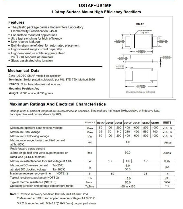 1A Us1af Thru Us1mf High Efficiency Rectifier Diode Smaf Package