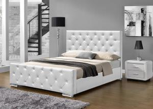 China Chrome Feet Faux Leather Bed Double Size Plywood Upholstery White wholesale