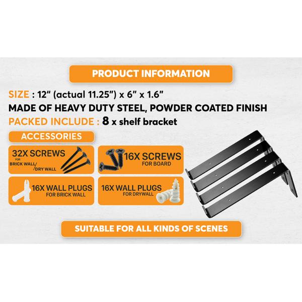 Powder Coated 12 Inch Industrial Forged Steel Floating Shelf J Bracket with UP L Down Lip Floating Brackets