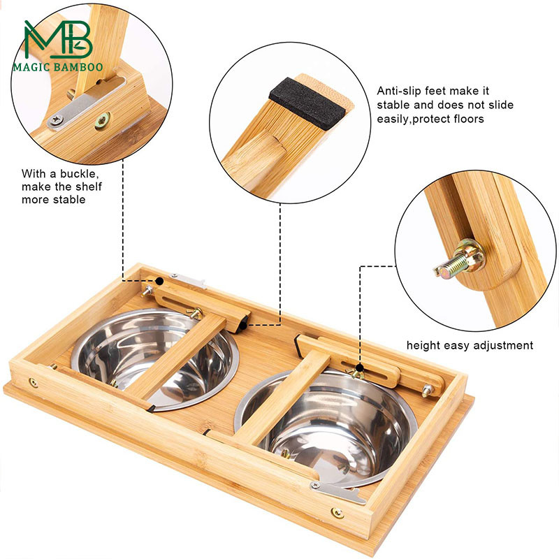 Bamboo Foldable Pet Feeder Non-Slip Two Bowls