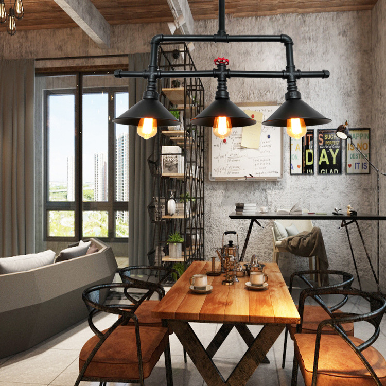 Vintage industrial wind and water pipe chandelier creative three end restaurant bar kitchen long lamp（WH-VP-226)