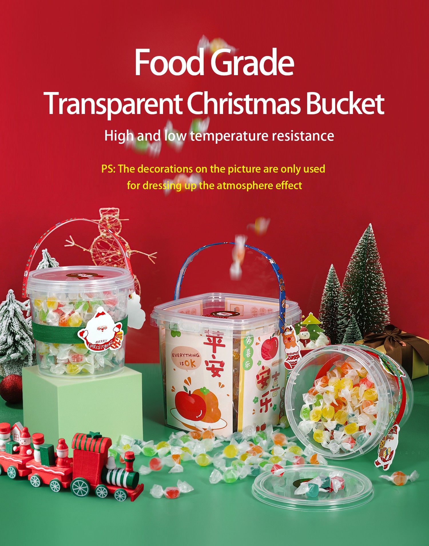 1L Thicken Decorative Round Plastic Buckets With Handle for Christmas Gift Toy Package
