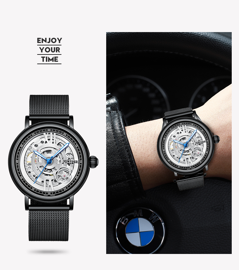 KINYUED Brand Full Hollow Surface Skeleton Couples Stainless Steel Strap Watches Waterproof Automatic Mechanical relojes