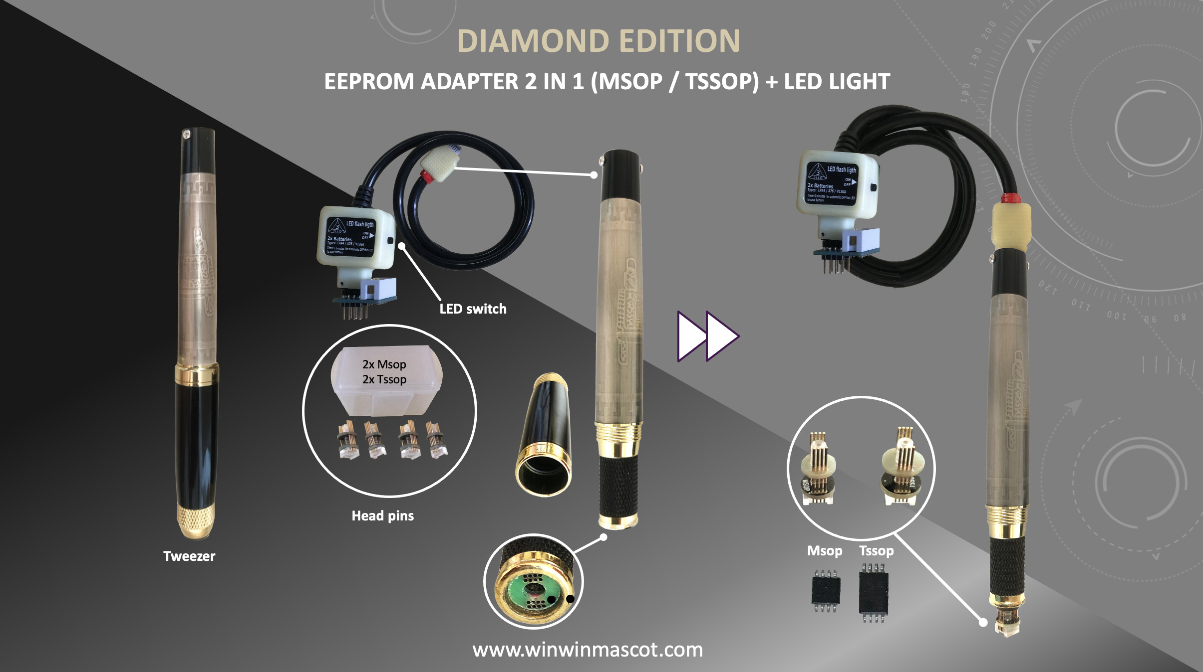 EEPROM TWEEZER ADAPTER 2 IN 1 MSOP TSSOP SOIC WITH LED LIGHT DIAMOND EDITION KIT SET
