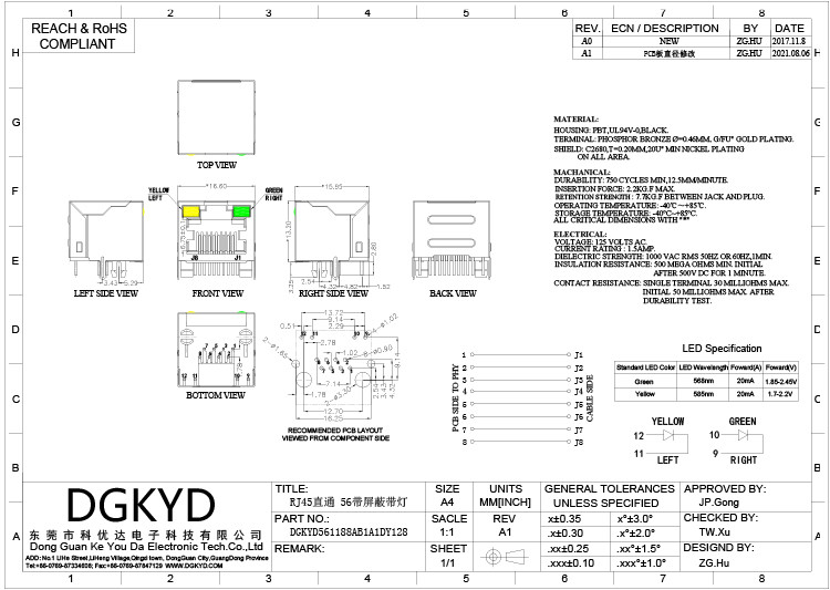 DGKYD561188AB1A1DY128 Network Socket 8P8C Connector Horizontal With Lamp / Shield