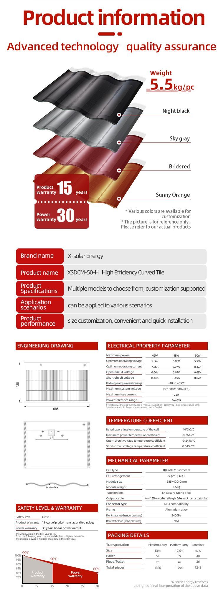 X-Solar Energy BIPV Roof Tiles Photovoltaic Solar Curve Tiles for Roof