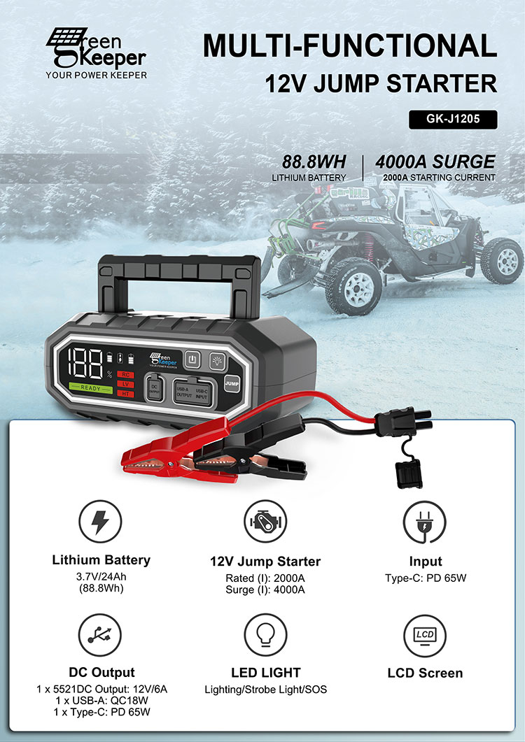 4000A Peak Current 24000mAh High Power Jump Starter with LED Light Green Keeper 2024
