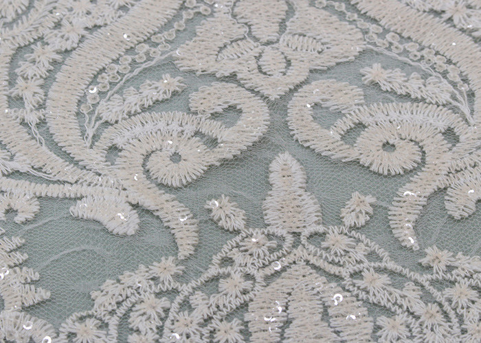 Ivory Sequin Lace Fabrics , Embroidered Bridal Lace Fabrics For Wedding Dresses