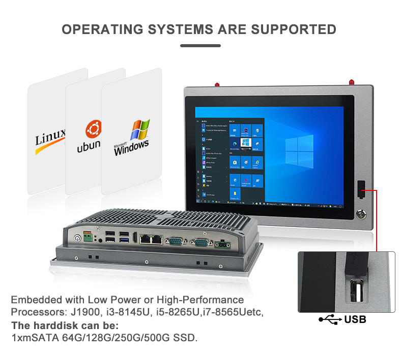 2 LAM 2 COM 10 Inch Industrial Touch PC J1900 With Front Switch / USB