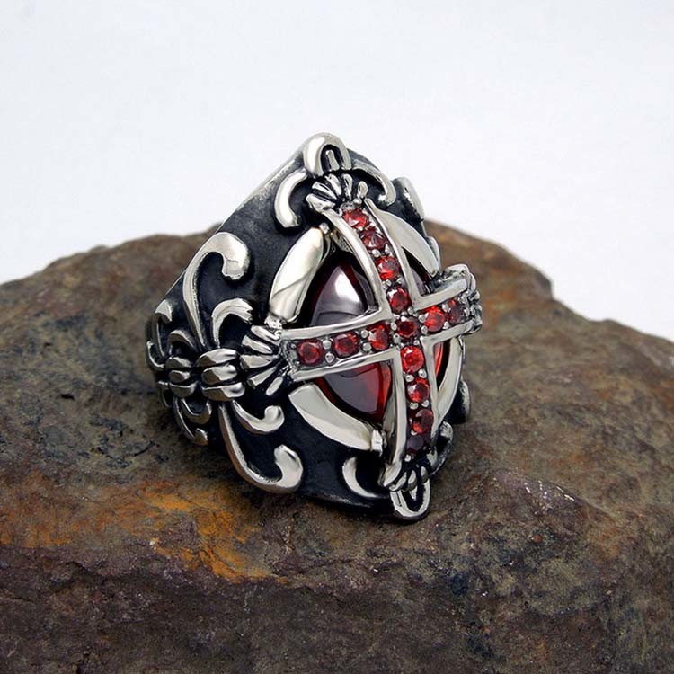 Men's Vintage Old Silver Plated Titanium Stainless Steel Ring Red Cubic Zircon Gothic Cross(SA240)