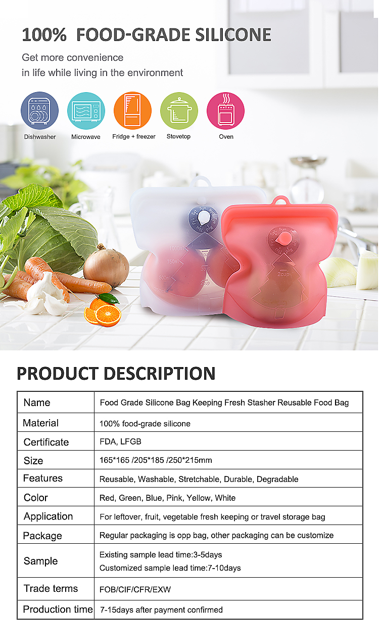 Airtight Silicone Food Pouches 1500ml Reusable Silicone Bags For Sandwich Snack