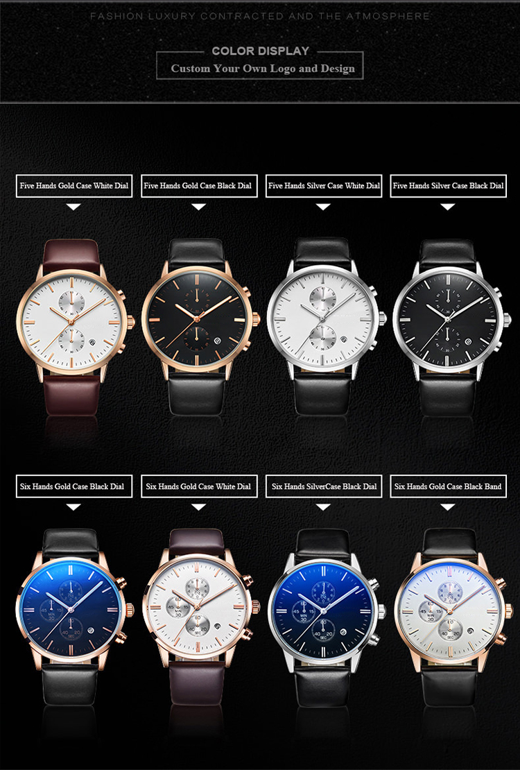 Fitness Stainless Steel Leather Watch Five Hands Water Proof 3 ATM