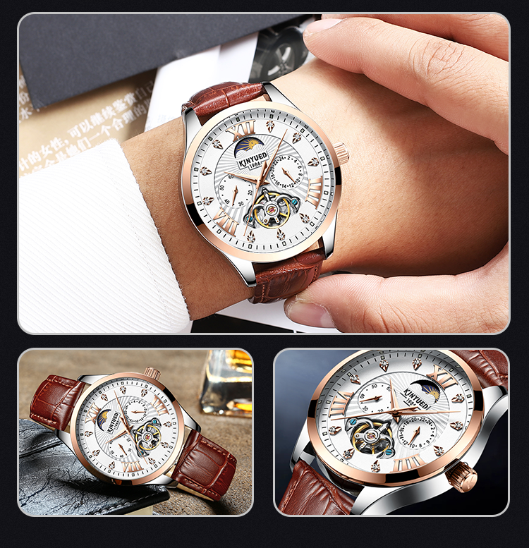 Watches men luxury brand automatic luminous moon phase watch Leather fashion tourbillon automatic mechanical watch