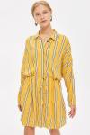 Yellow Stripe Drawstring Ladies Casual Shirt Dress Long Sleeve for Women