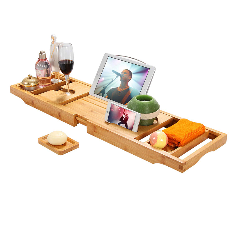 ODM Expandable Bath Caddy Bamboo Wood Bath Tub Tray Eco Friendly