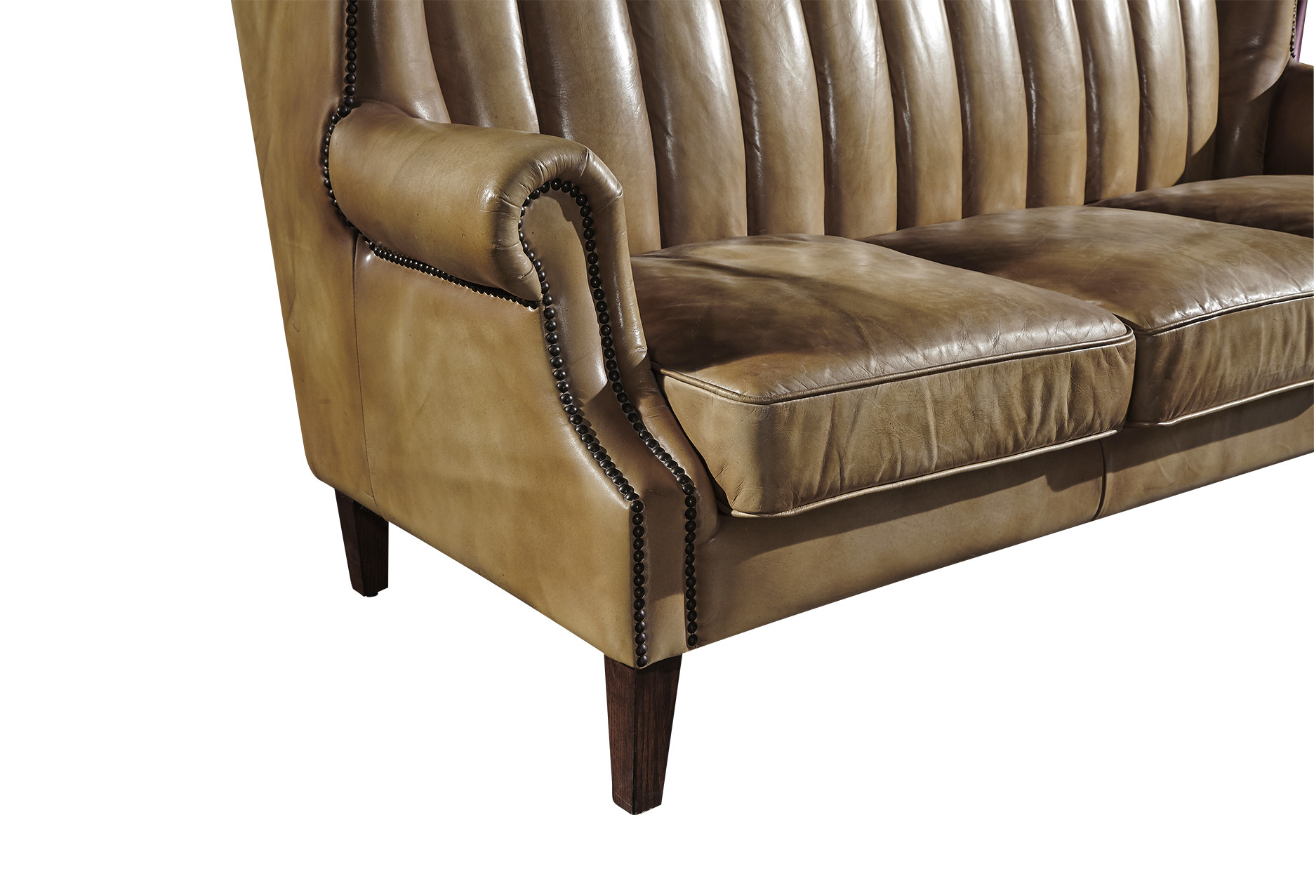 Solid Wood Legs 3 Seater Sofa Brown Leather With Hand Water Wash Workcraft
