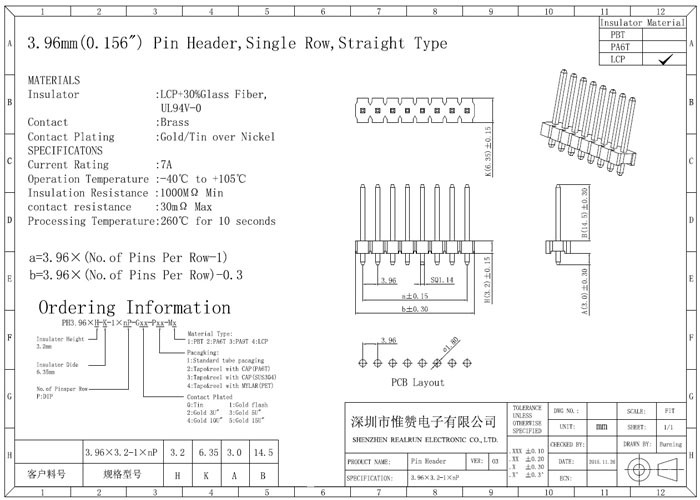 180 Degree Single Row Pin Header Connector 5 Pin Connector 3.96 Mm X 3.2 Mm