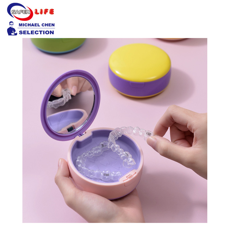 Cute Daily Pill Dispenser Box For Elderly Plastic Dental Box False Teeth Box Mirror Silicone 9CM