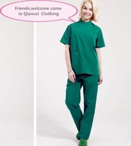 China Stand Collar Scrubs Medical Uniforms , Short Sleeve Cotton Green Surgical Gown wholesale