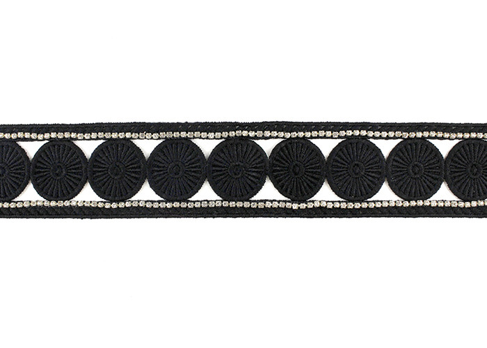 Custom Ribbon Black Embroidered Lace Trim With Rhinestone / Embroidered Bridal Lace